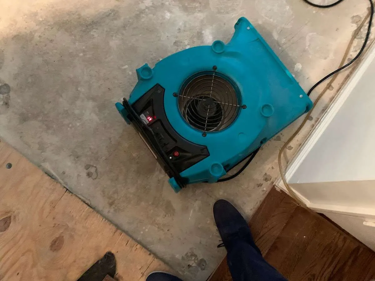 Air mover drying subfloor during Leak Detection & Repair in Fishersville